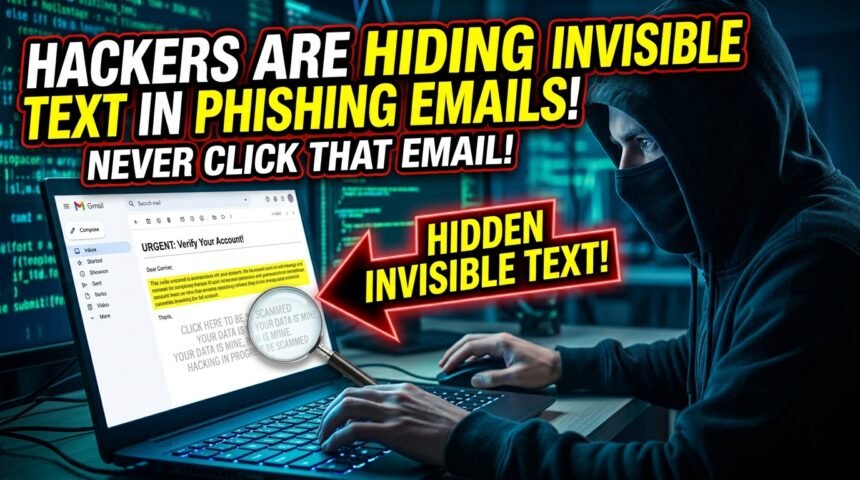 A magnifying glass hovering over an email, revealing hidden malicious code buried beneath seemingly normal, invisible text.