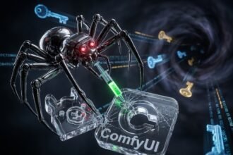 A glowing cyber network depicting a botnet infiltrating popular AI tools like Ollama and ComfyUI to steal cloud credentials.
