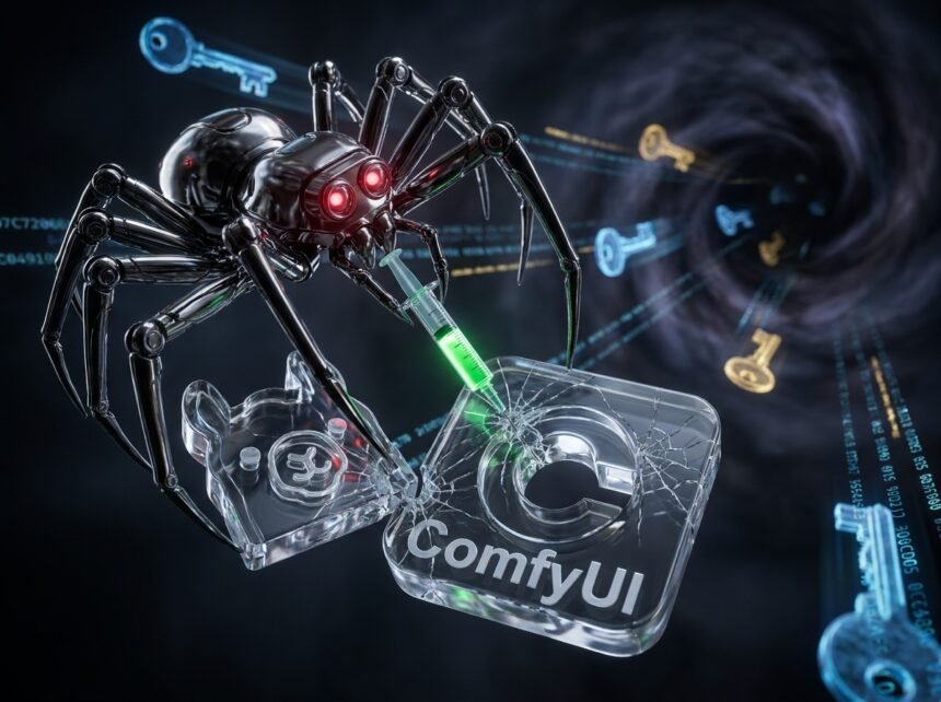 A glowing cyber network depicting a botnet infiltrating popular AI tools like Ollama and ComfyUI to steal cloud credentials.