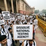 Frustrated students protesting against the National Eligibility cum Entrance Test paper leak with placards outside government buildings.