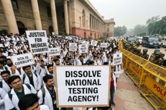 Frustrated students protesting against the National Eligibility cum Entrance Test paper leak with placards outside government buildings.