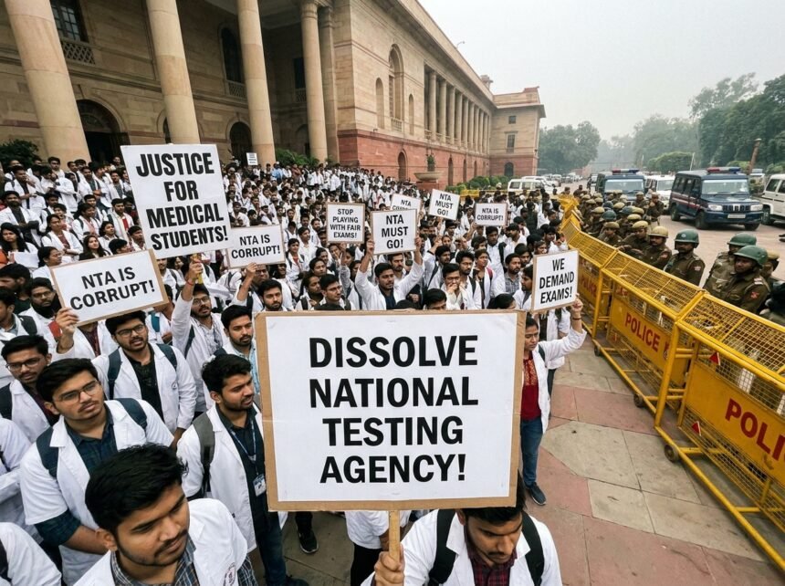 Frustrated students protesting against the National Eligibility cum Entrance Test paper leak with placards outside government buildings.