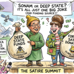 Sonam Wangchuk and Rebecca Norman graphic with foreign currency and award icons in a sarcastic background.