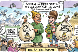 Sonam Wangchuk and Rebecca Norman graphic with foreign currency and award icons in a sarcastic background.