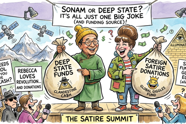 Sonam Wangchuk and Rebecca Norman graphic with foreign currency and award icons in a sarcastic background.
