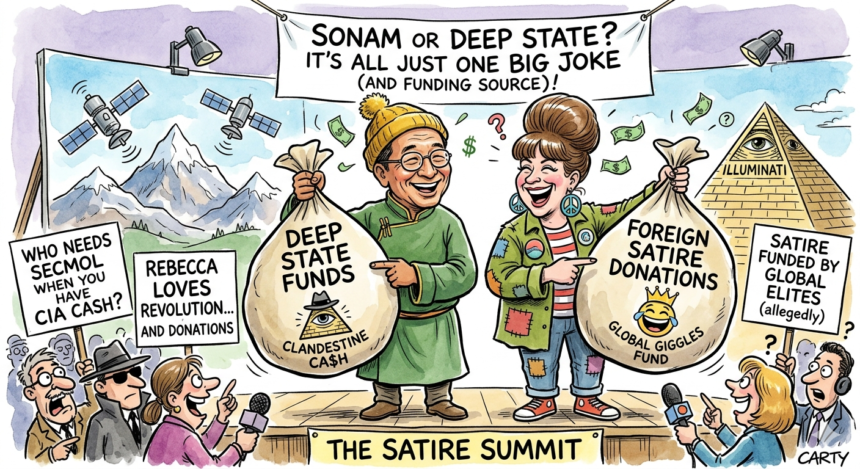 Sonam Wangchuk and Rebecca Norman graphic with foreign currency and award icons in a sarcastic background.