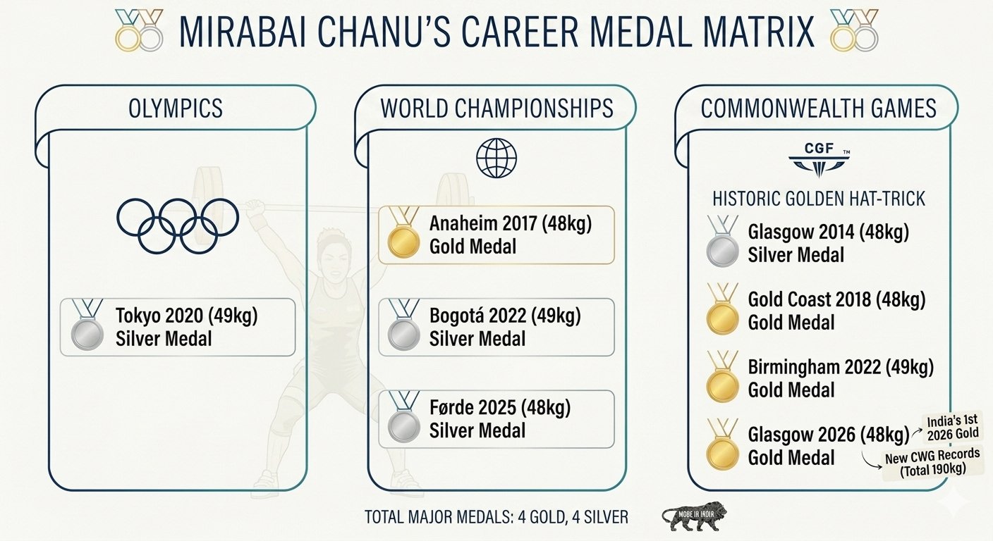 A minimal multi-column infographic titled "Mirabai Chanu's Career Medal Matrix" displaying her athletic achievements across three major tournament pillars: Olympics, World Championships, and Commonwealth Games.