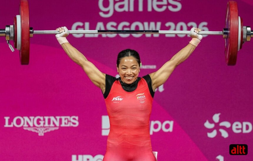 Mirabai Chanu celebrating her record-breaking 190kg weightlifting lift to win gold at the 2026 Commonwealth Games in Glasgow.