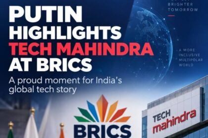 Vladimir Putin speaking at the BRICS Business Forum as Tech Mahindra is highlighted as an Indian technology success story.