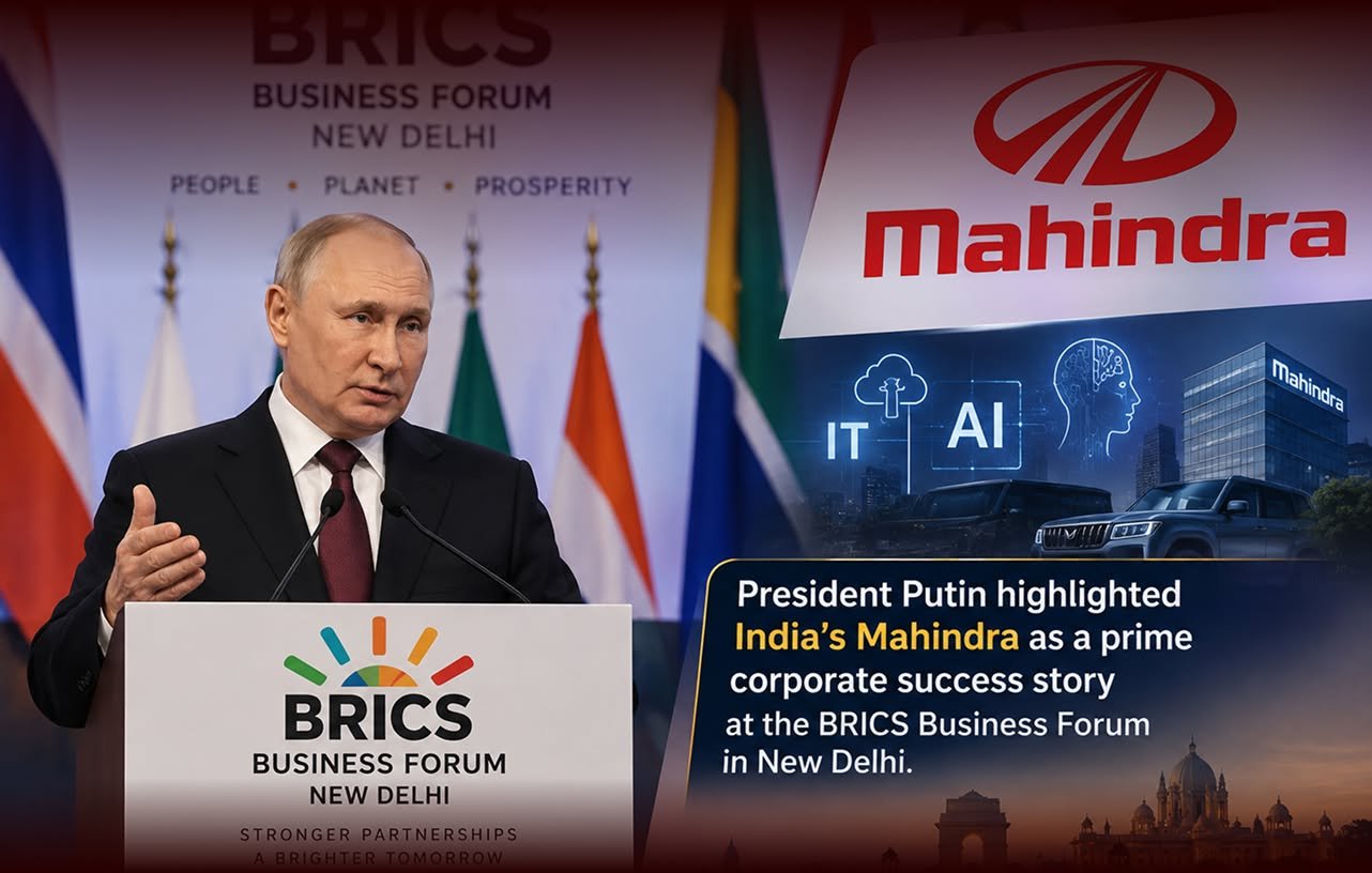 Vladimir Putin speaking at the BRICS Business Forum in New Delhi alongside Mahindra branding and visuals representing IT, AI, and Indian industry.